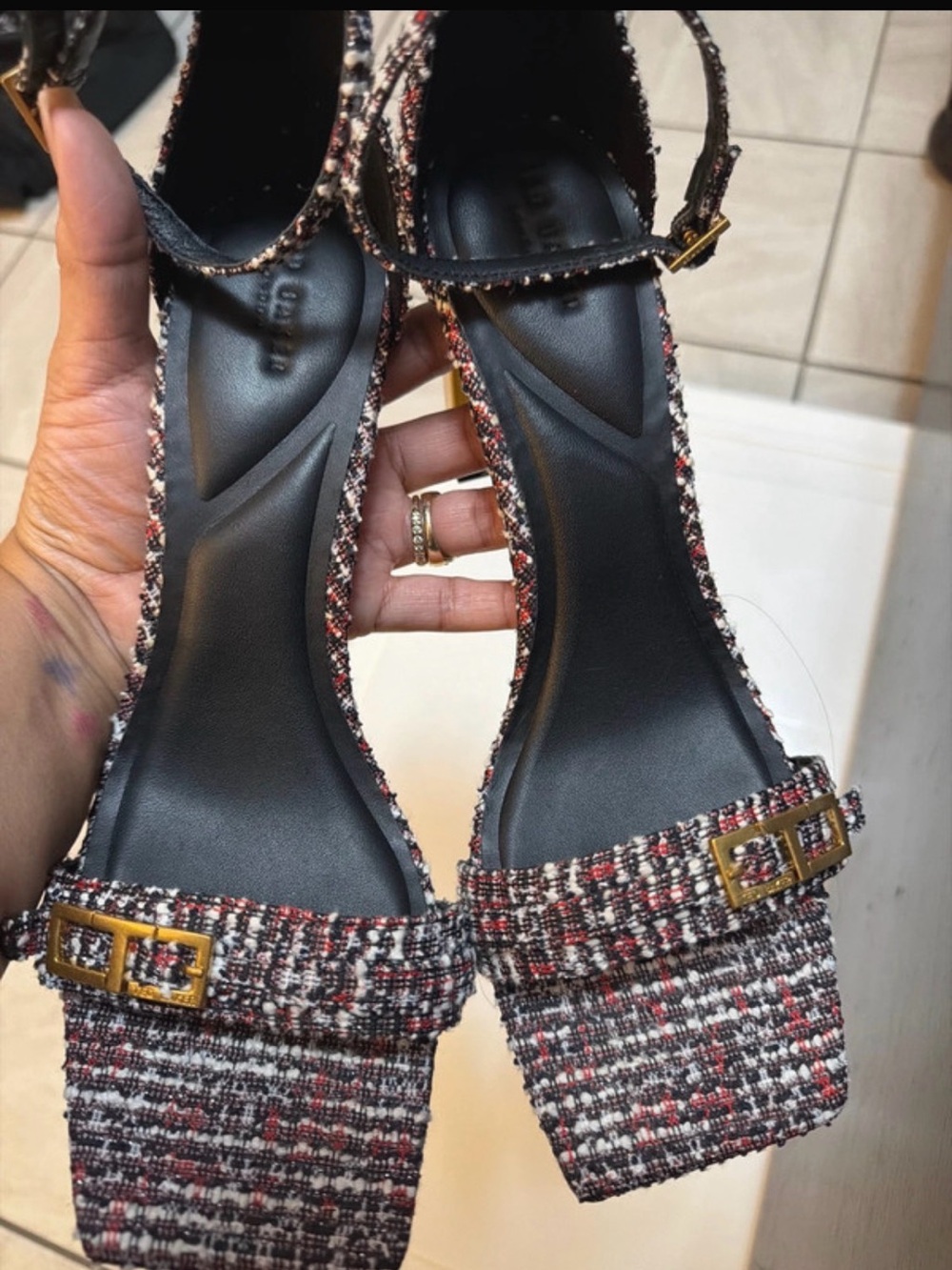Ted Baker Tweed Square-Toe Ankle-Strap Block Heels in Black and Red multicolor